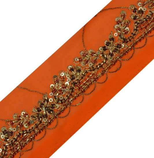 Vintage Saree Border Indian Craft Trim Hand Beaded Orange Sewing Ribbon Lace