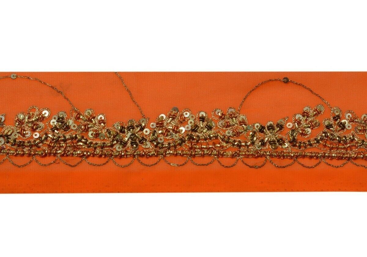 Vintage Saree Border Indian Craft Trim Hand Beaded Orange Sewing Ribbon Lace