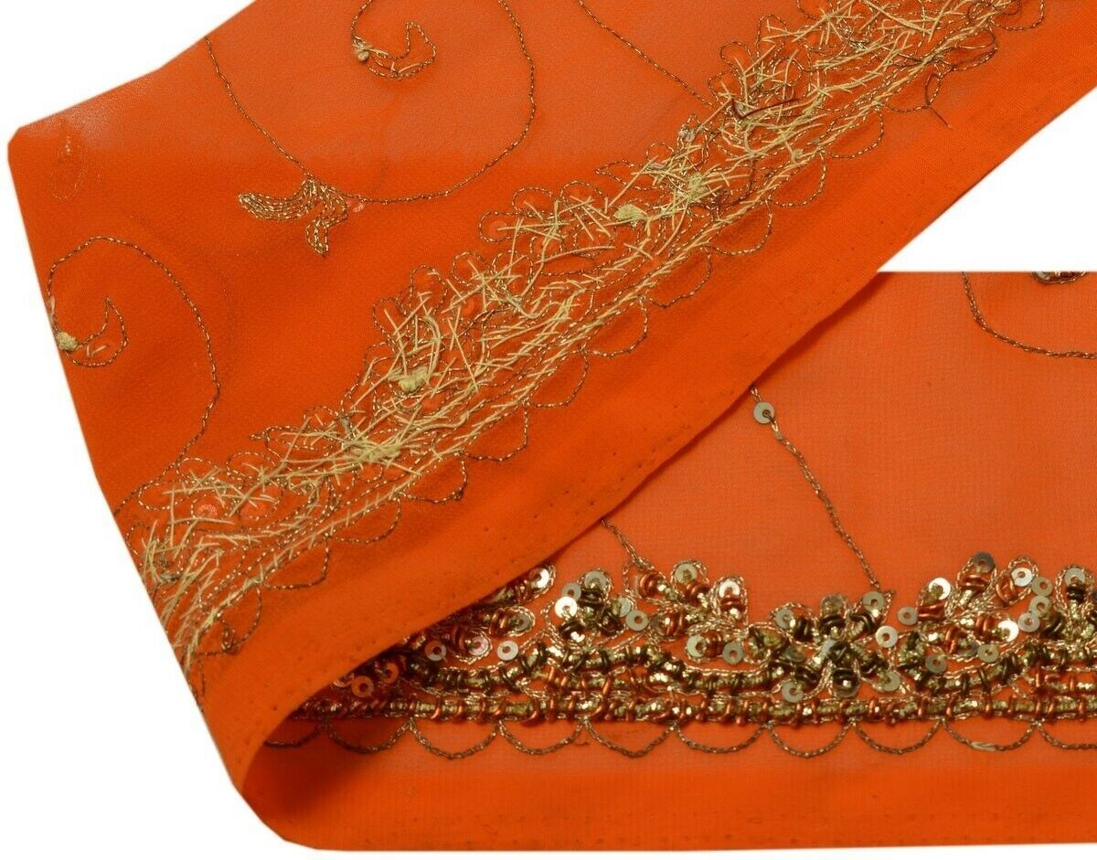 Vintage Saree Border Indian Craft Trim Hand Beaded Orange Sewing Ribbon Lace