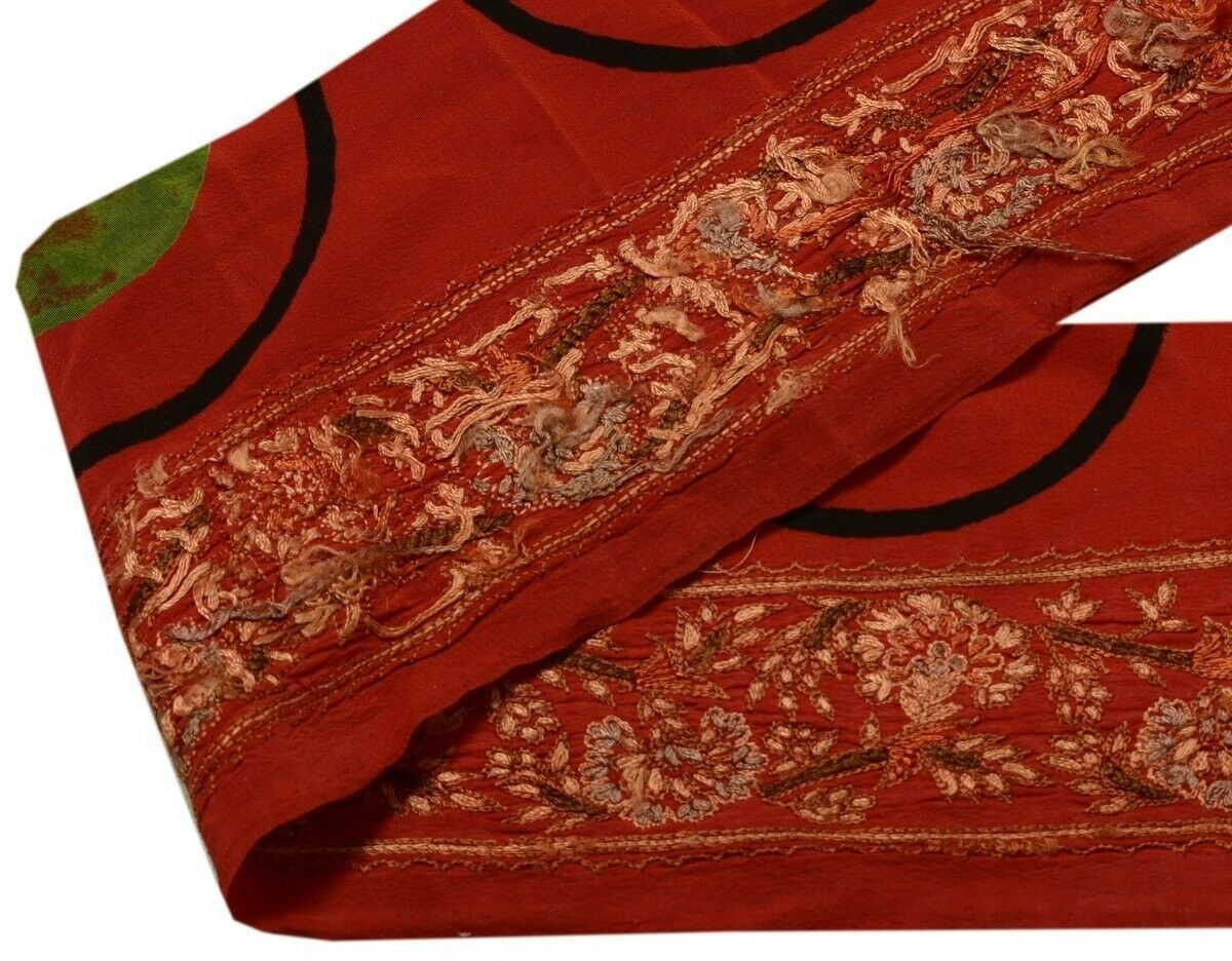 Vintage Saree Border Indian Craft Trim Hand Embroidered Deep Red Ribbon Lace