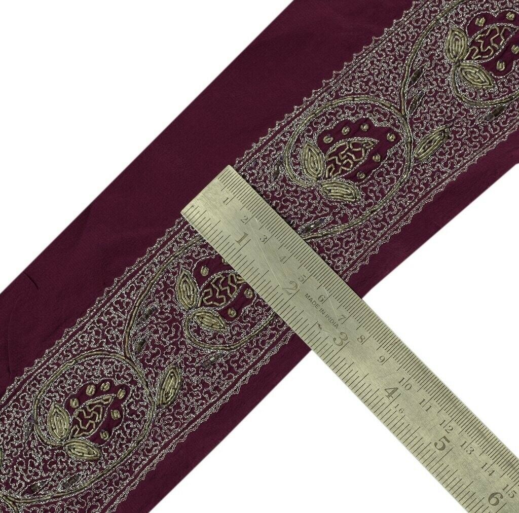 Vintage Sari Border Indian Craft Trim Hand Beaded Embroidered Ribbon Lace Purple