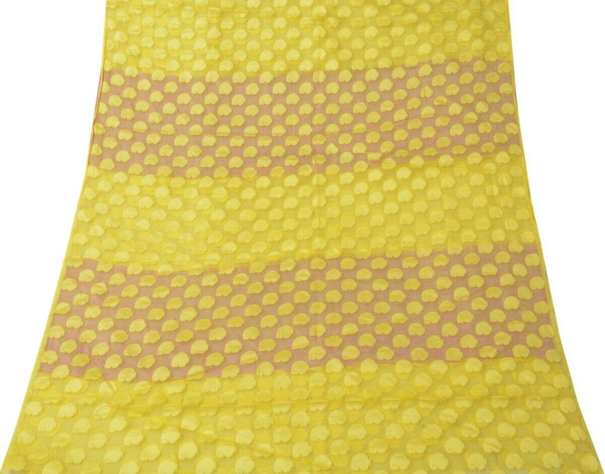 Woven Yellow Pink Vintage Sari Remnant Scrap Net Mesh Fabric for Sewing Craft