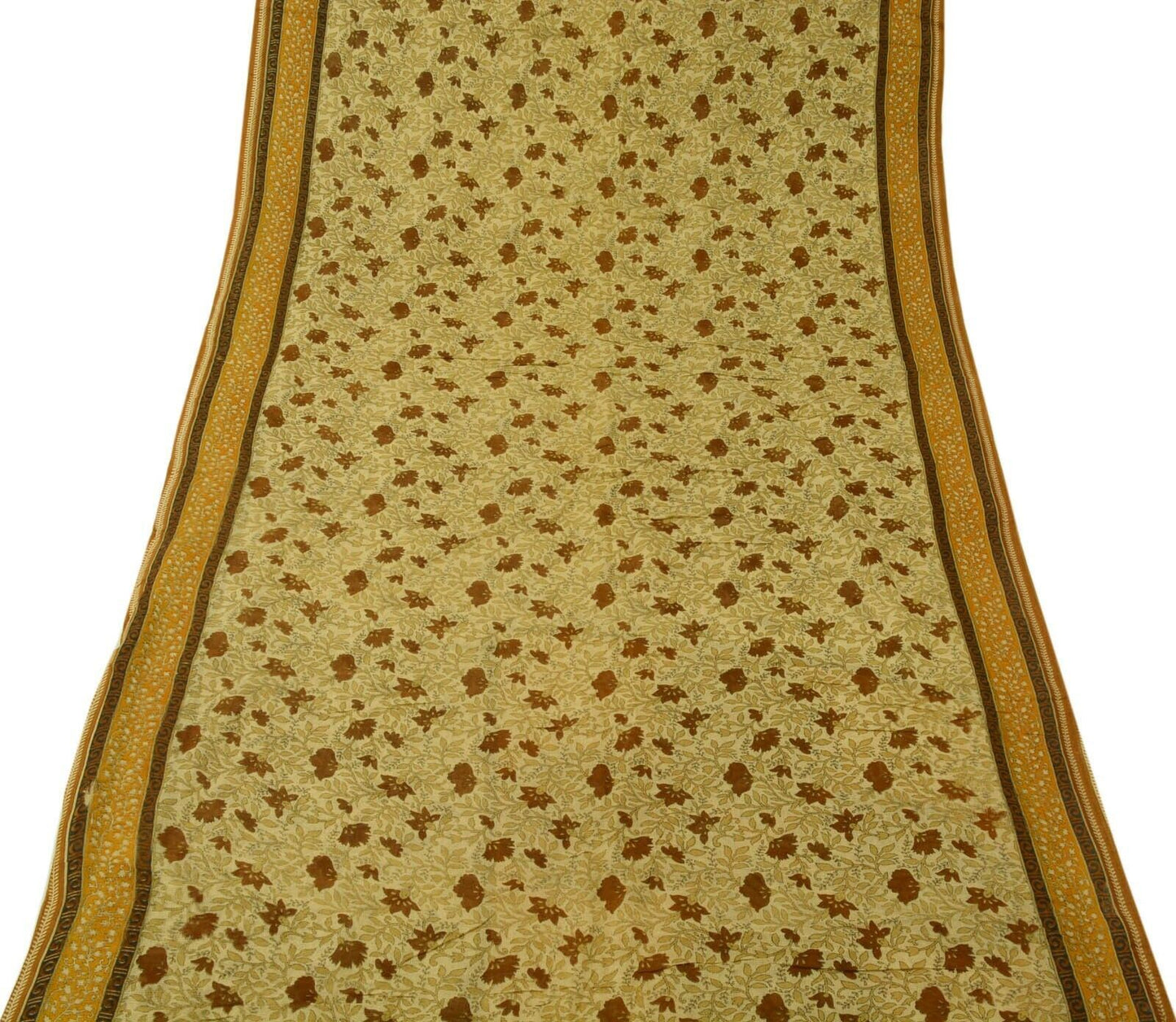 Vintage Saree 100% Pure Cotton Super Net Cream Printed Scrap Sari For Craft