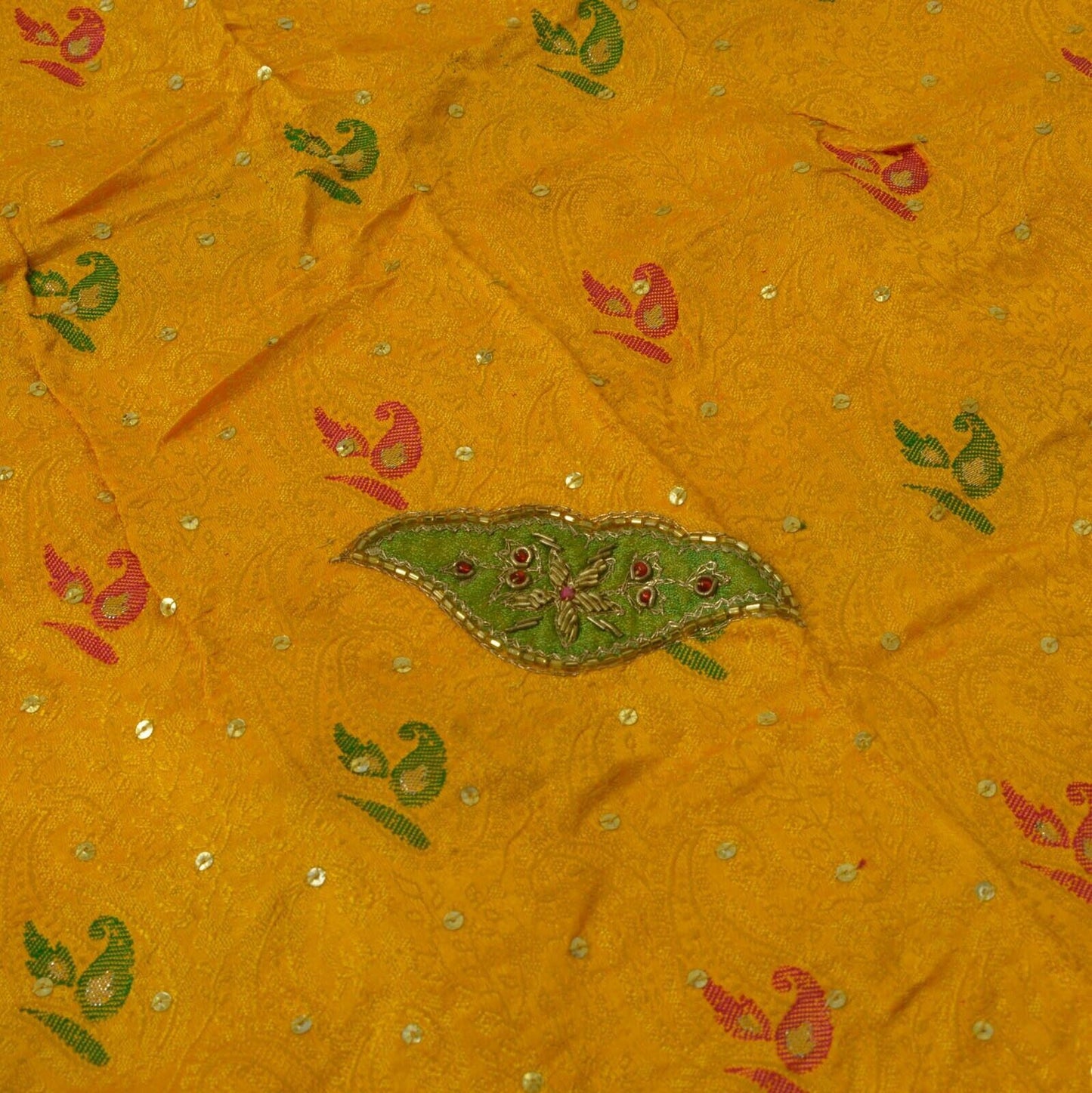 Vintage Saree Remnant Scrap Multi Purpose Fabric Mustard Hand Beaded Self Woven