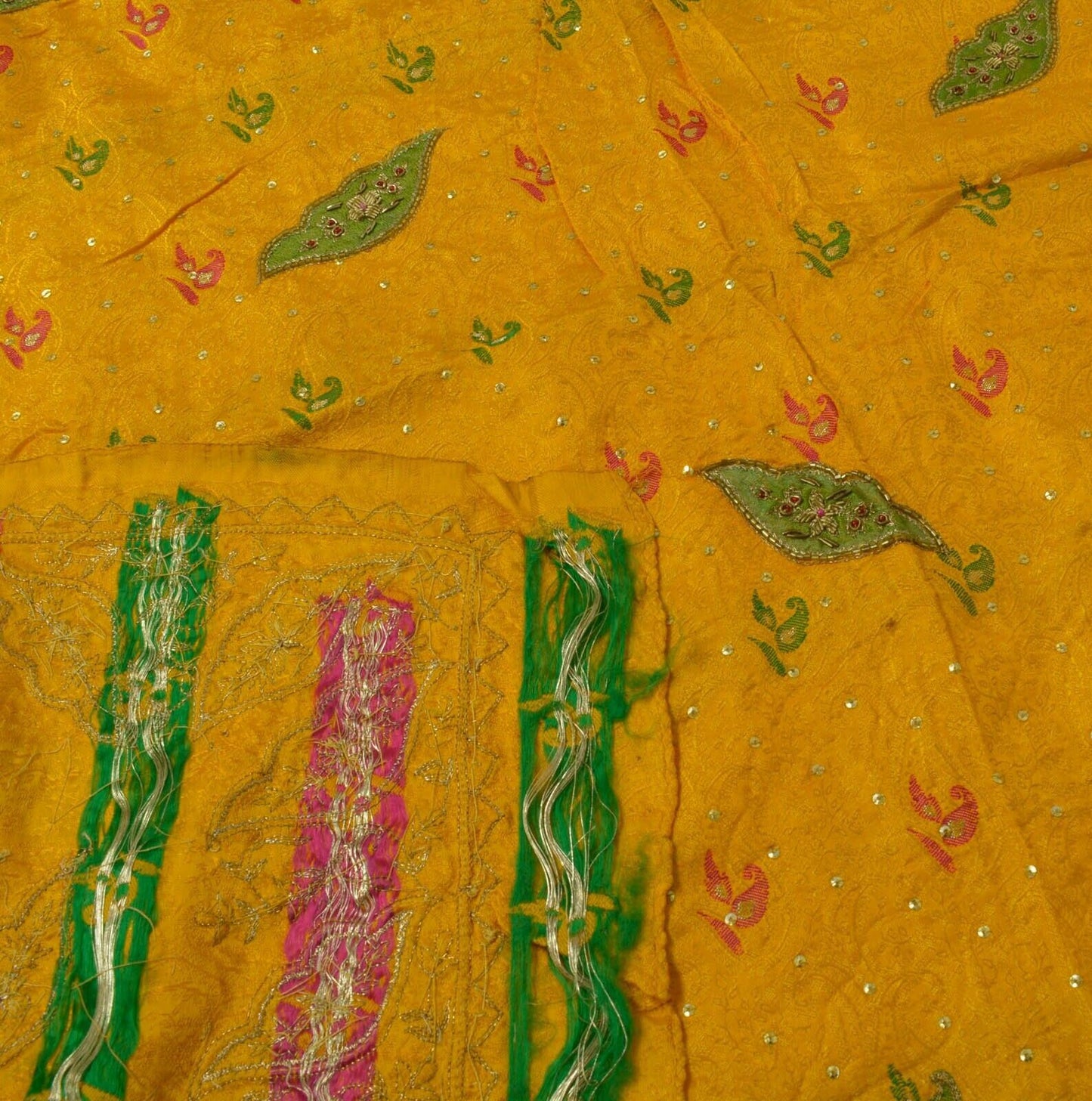 Vintage Saree Remnant Scrap Multi Purpose Fabric Mustard Hand Beaded Self Woven