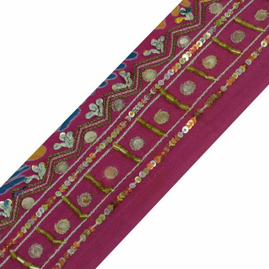 Vintage Saree Border Craft Trim Antique Lace Hand Embroidered Beaded Magenta