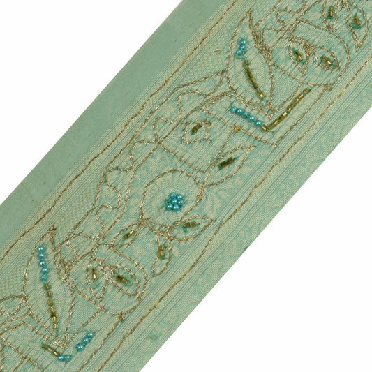 Vintage Saree Border Craft Trim Antique Lace Woven Embroidered Beaded Green