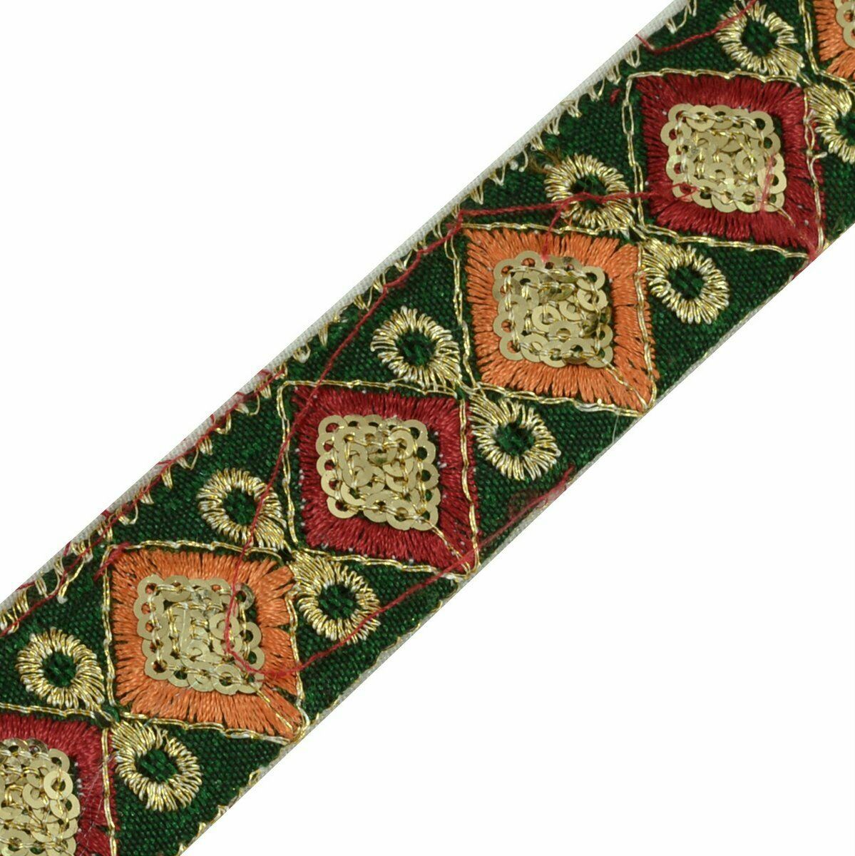 Vintage Saree Border Craft Trim Antique Lace Sequins Embroidered Green Ribbon