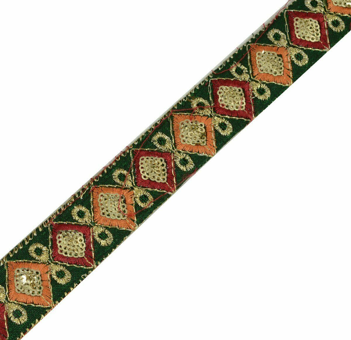 Vintage Saree Border Craft Trim Antique Lace Sequins Embroidered Green Ribbon