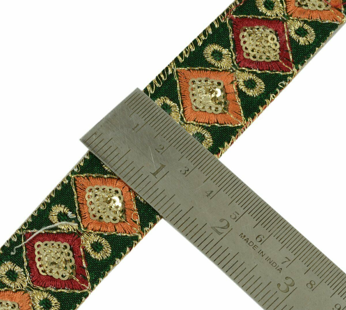 Vintage Saree Border Craft Trim Antique Lace Sequins Embroidered Green Ribbon