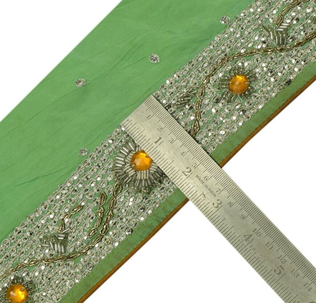 Vintage Sari Border Indian Craft Trim Hand Beaded Sewing Embroidered Lace Green