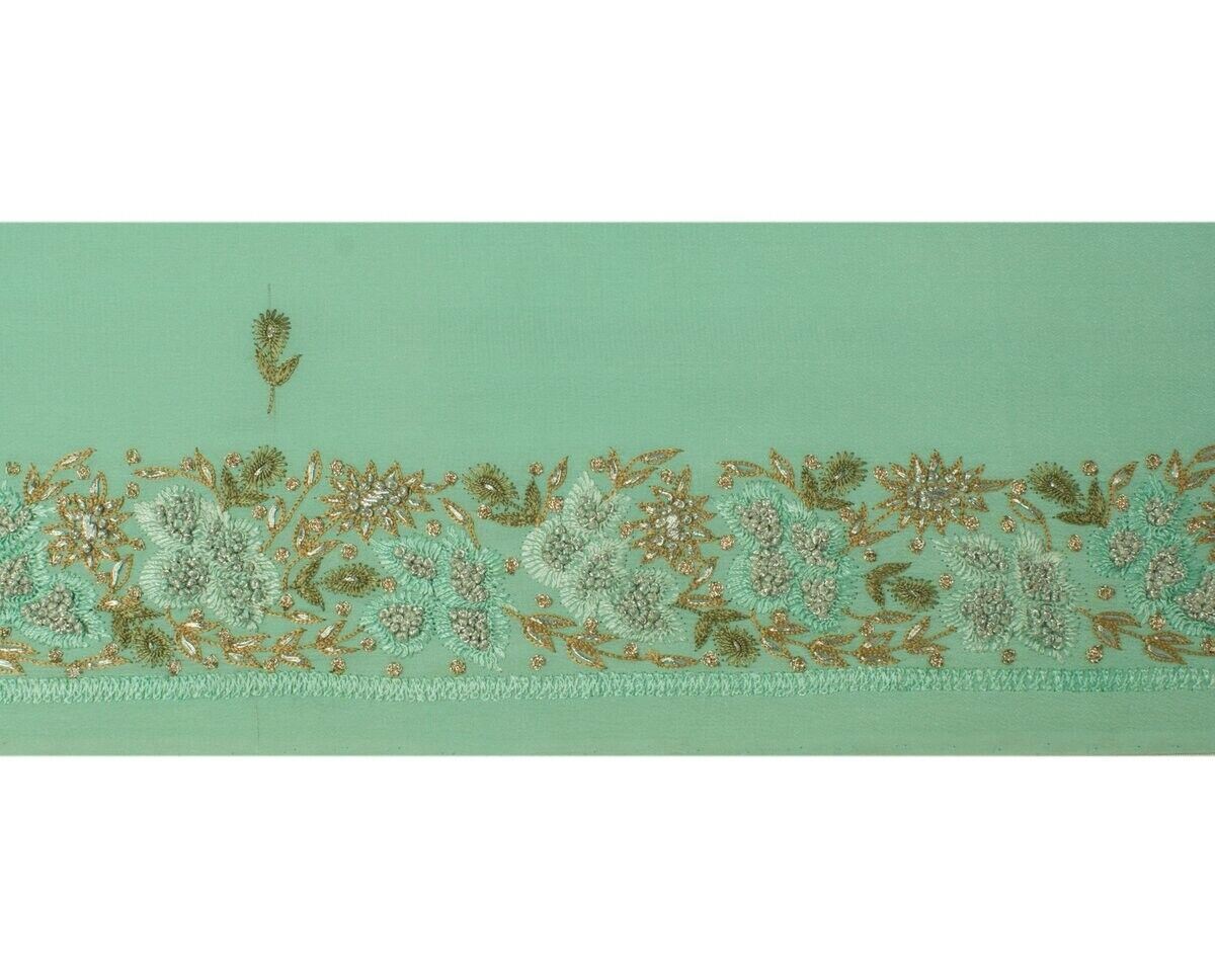 Vintage Sari Border Indian Craft Sewing Trim Hand Embroidered Green Ribbon Lace