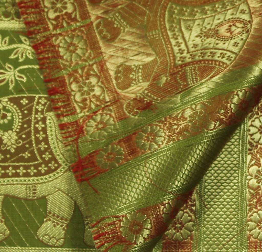 Art Silk Zari Brocade Woven Curtain Craft Multi Purpose Fabric Elephant Mehendi