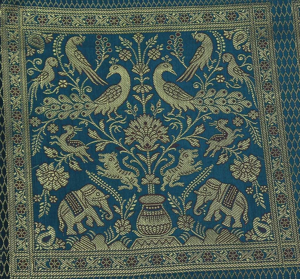 Art Silk Zari Brocade Woven Curtain Craft Multi Purpose Fabric Elephant Turquois