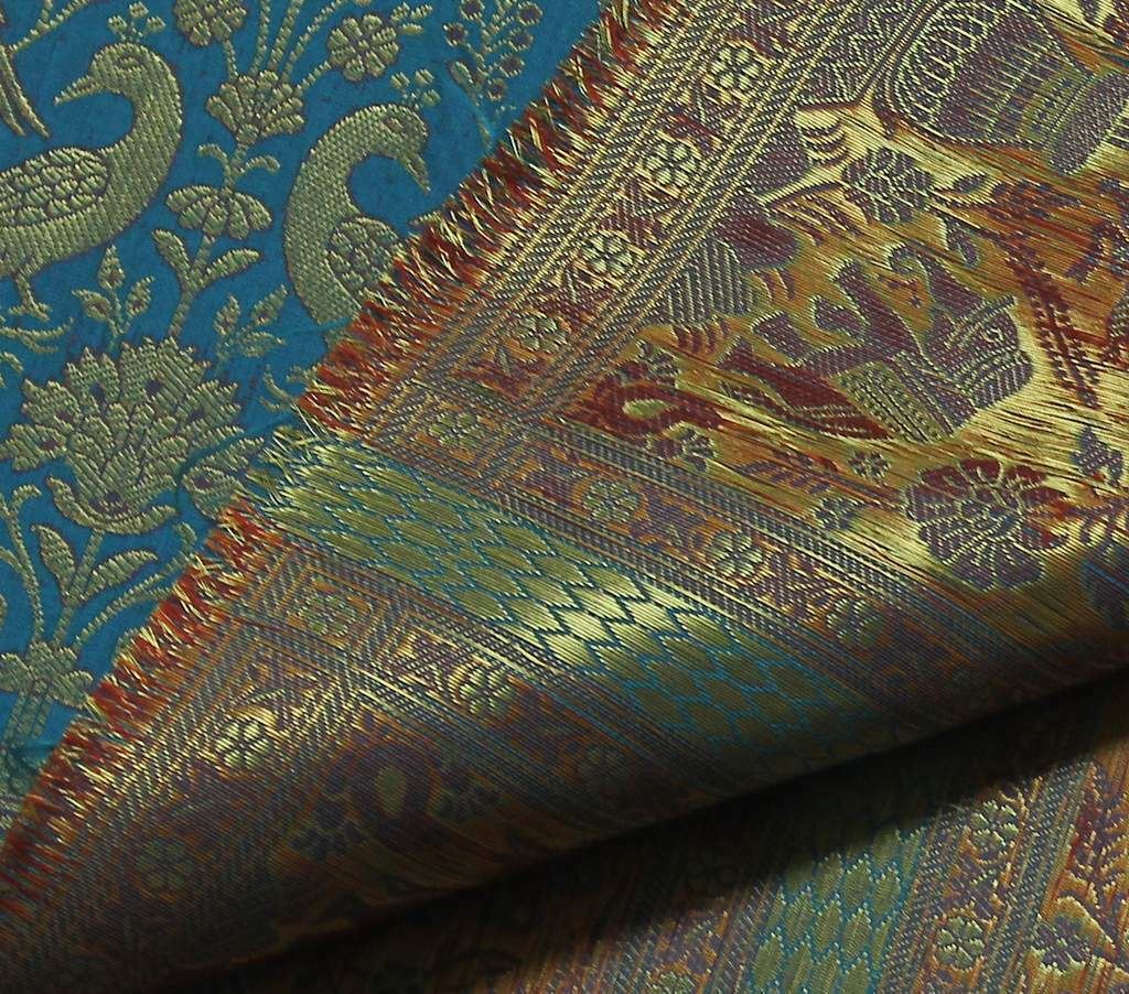 Art Silk Zari Brocade Woven Curtain Craft Multi Purpose Fabric Elephant Turquois
