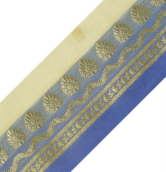 Vintage Sari Border Indian Craft Trim Zari Woven Blue Cream Sewing Ribbon Lace