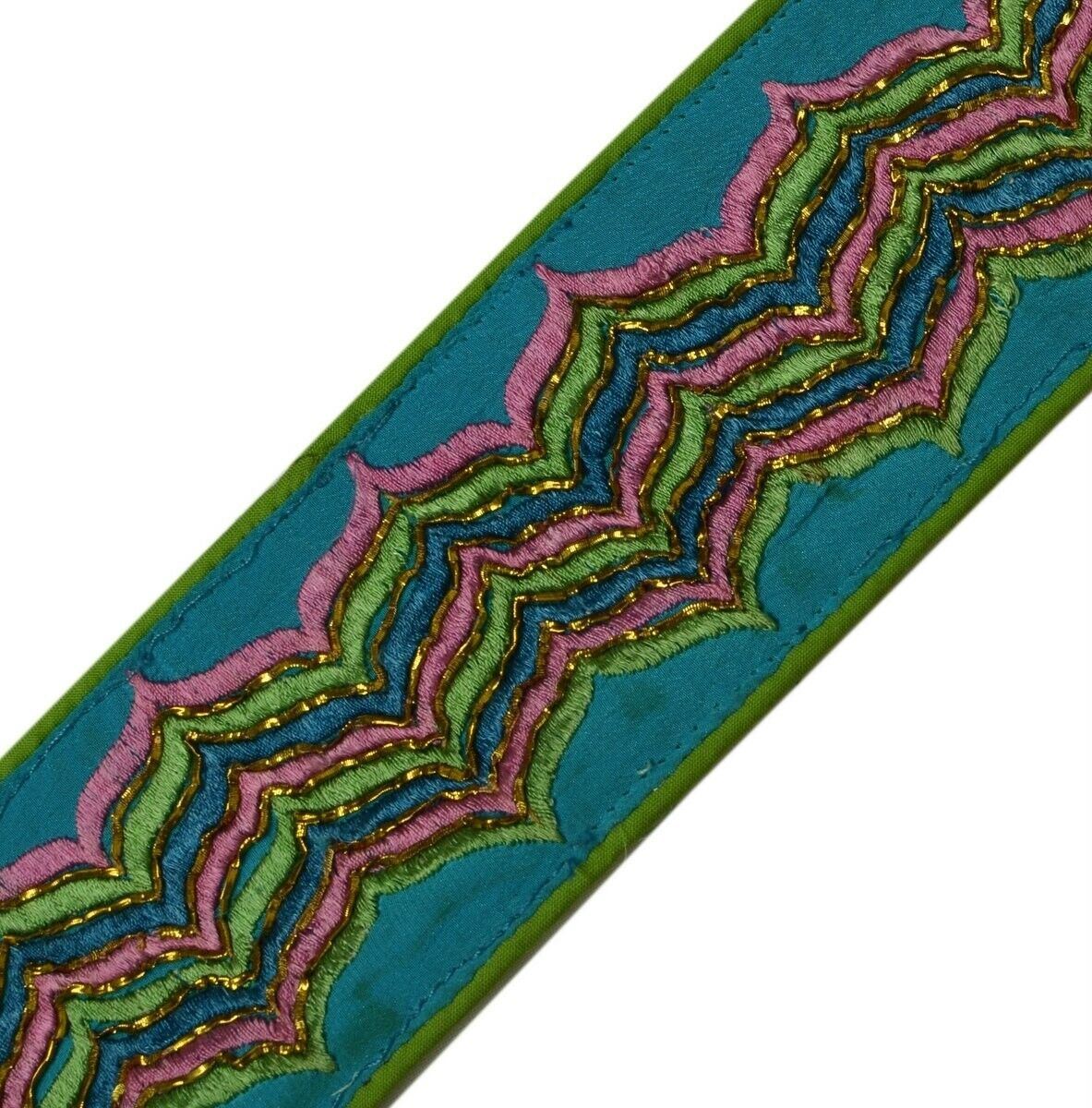 Vintage Sari Border Indian Craft Trim Embroidered Green Blue Sewing Ribbon Lace