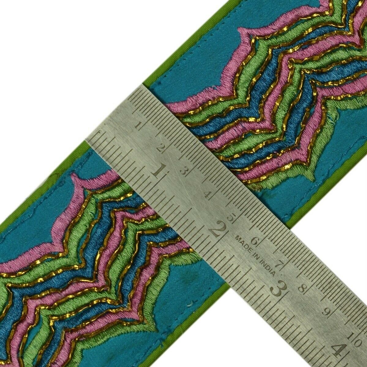 Vintage Sari Border Indian Craft Trim Embroidered Green Blue Sewing Ribbon Lace