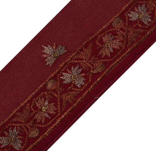 Vintage Sari Border India Craft Trim Embroidered Floral Dark Magenta Ribbon Lace