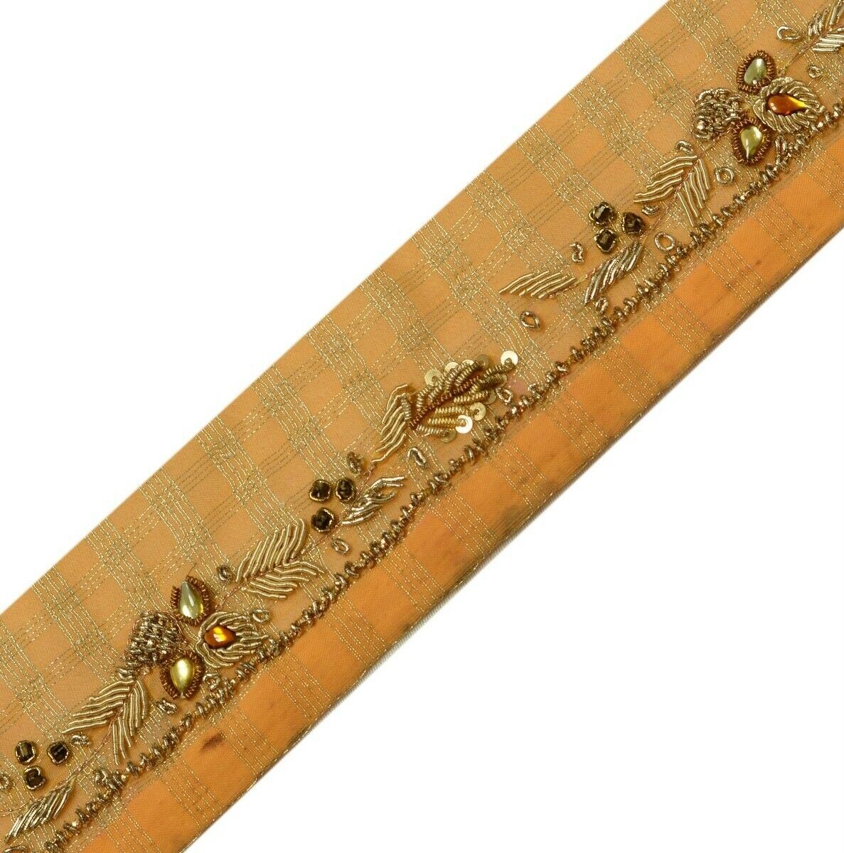 Vintage Saree Border Indian Craft Trim Hand Beaded Zardozi Ribbon Lace Peach