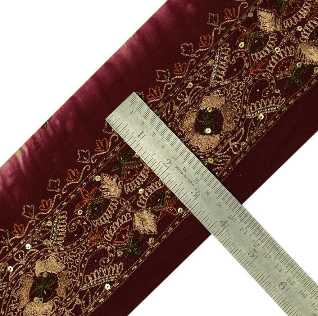 Vintage Saree Sewing Trim Indian Craft Border Beaded Embroidered Lace Maroon