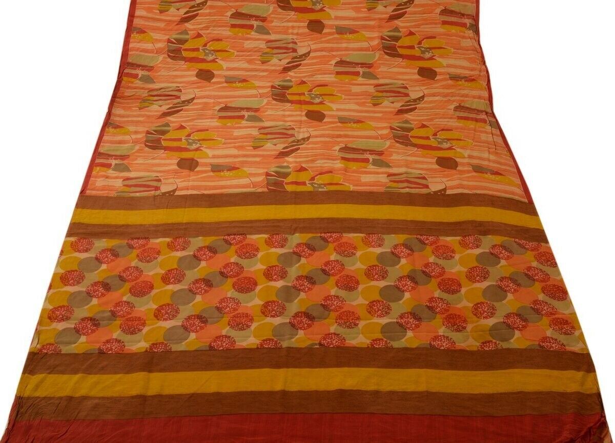 Vintage Indian Saree 100% Pure Crepe Silk Printed Scrap Fabric for Craft Peach