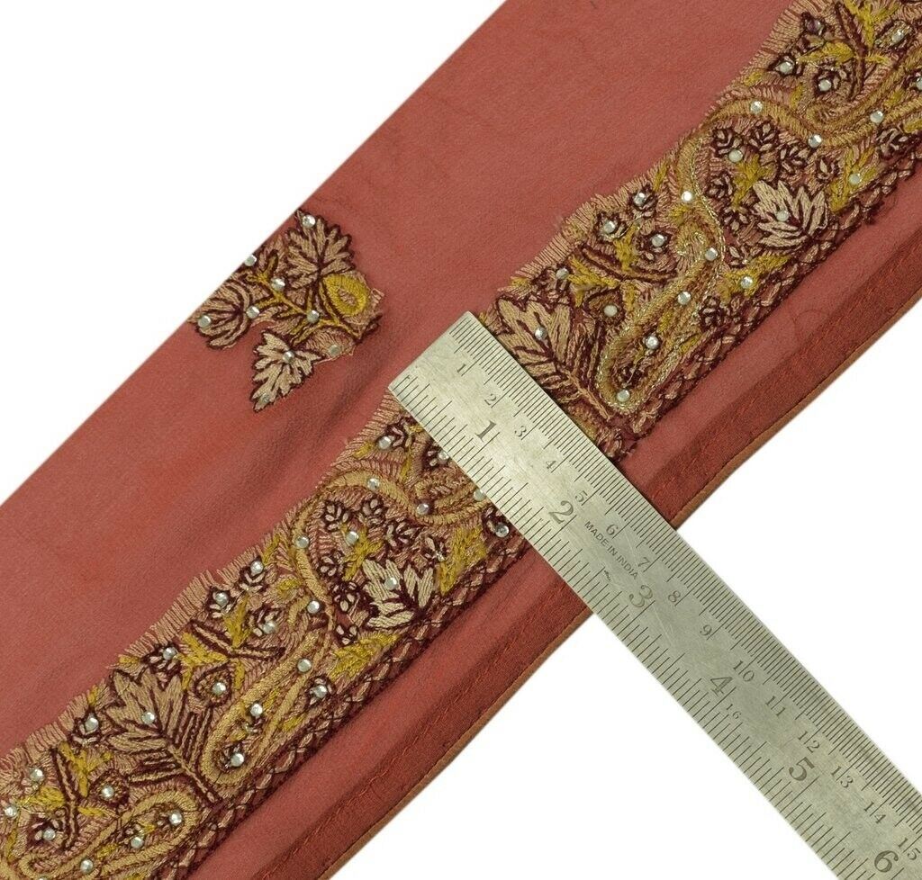 Vintage Sari Border Indian Craft Trim Hand Beaded Embroidered Ribbon Lace Rust