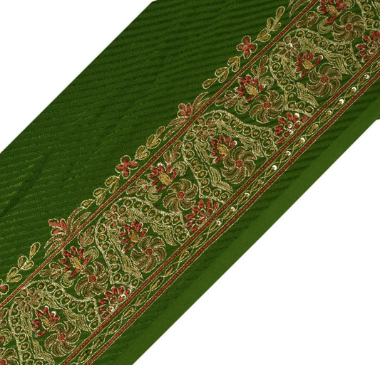 Vintage Sari Border Indian Craft Sewing Trim Hand Embroidered Green Ribbon Lace