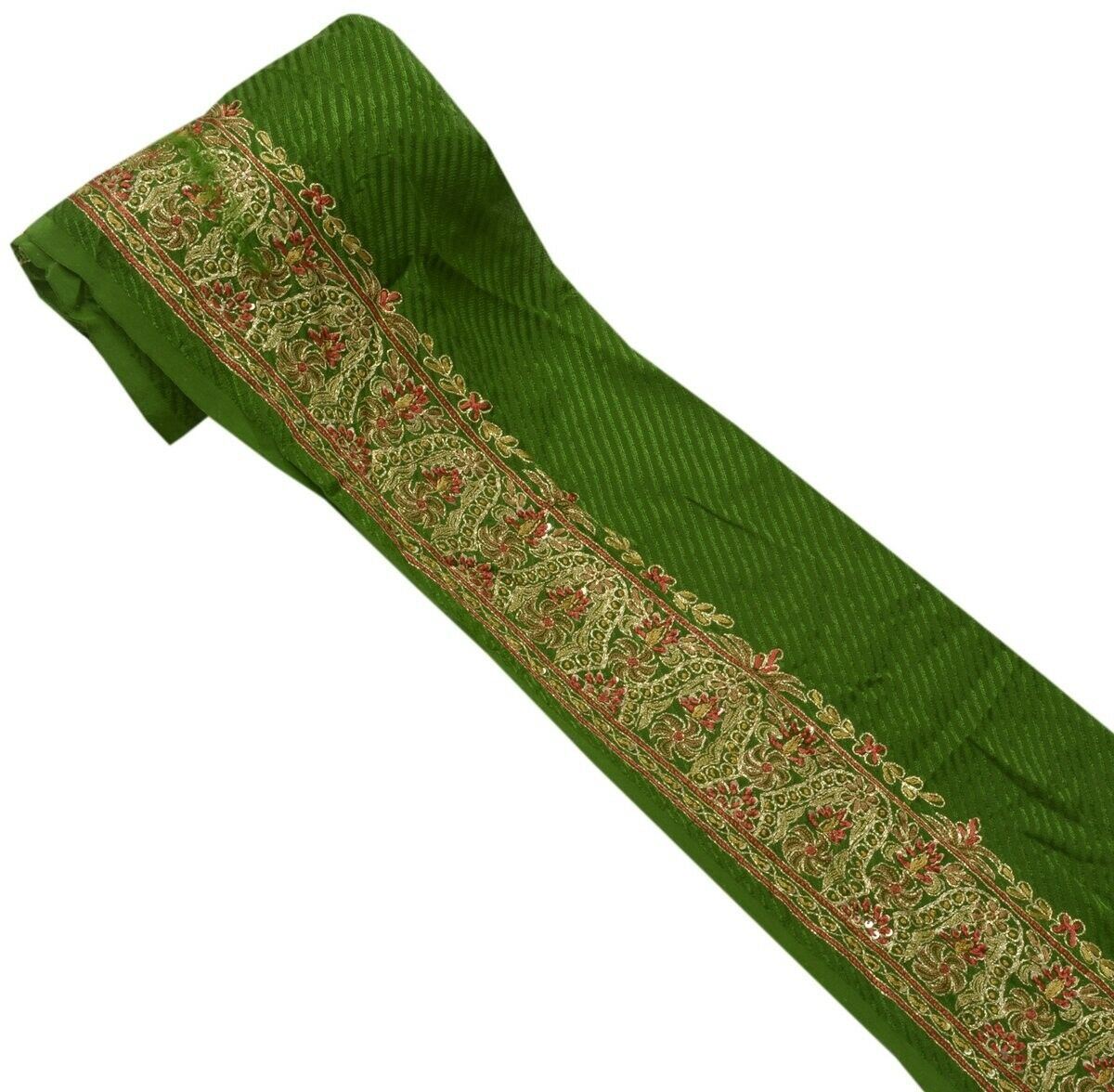 Vintage Sari Border Indian Craft Sewing Trim Hand Embroidered Green Ribbon Lace