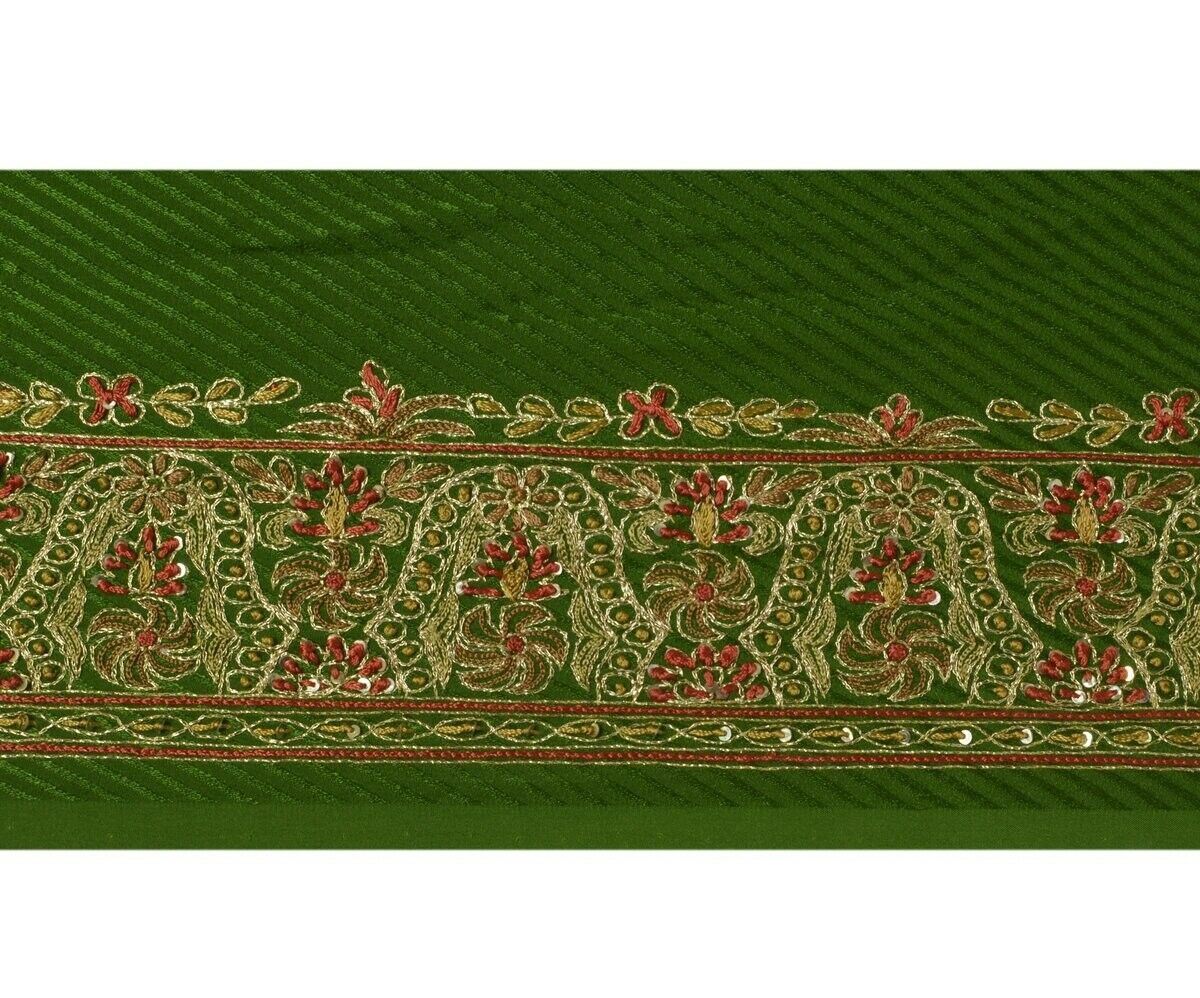 Vintage Sari Border Indian Craft Sewing Trim Hand Embroidered Green Ribbon Lace