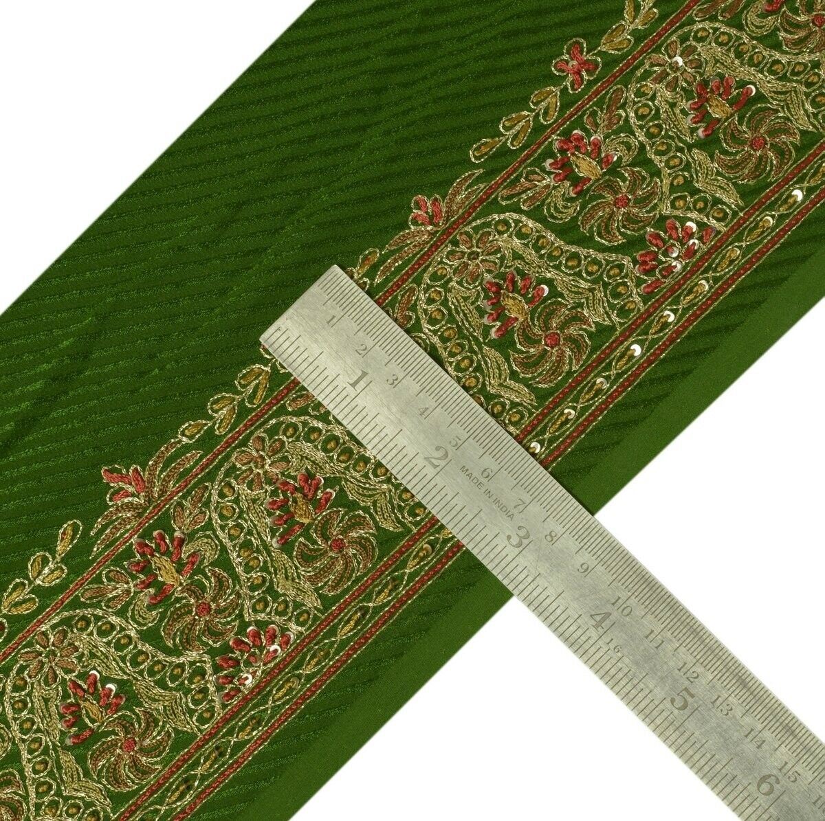 Vintage Sari Border Indian Craft Sewing Trim Hand Embroidered Green Ribbon Lace