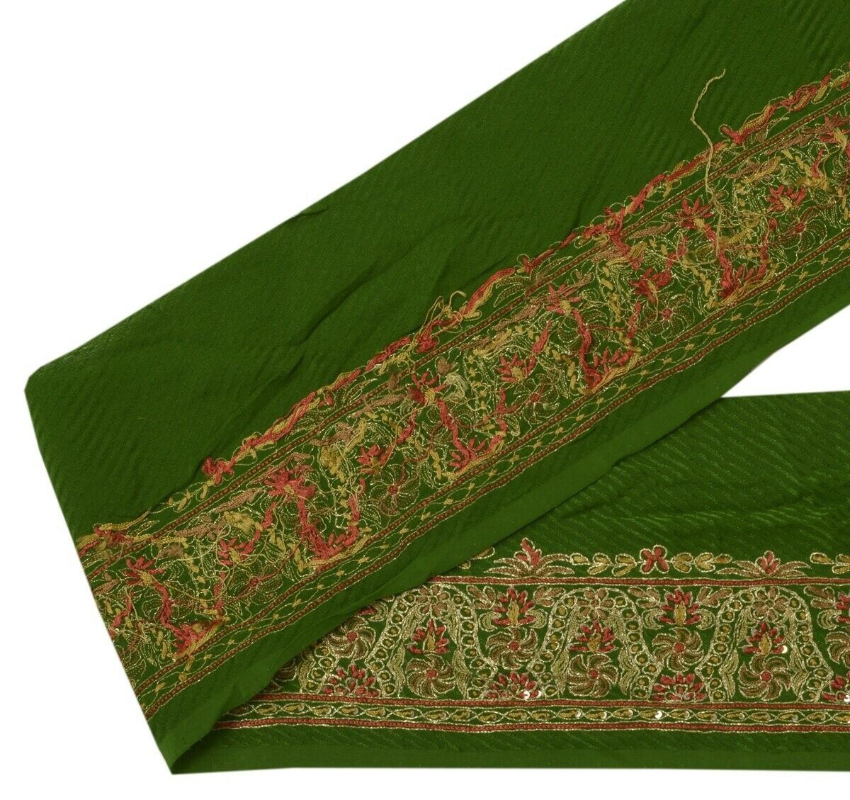 Vintage Sari Border Indian Craft Sewing Trim Hand Embroidered Green Ribbon Lace