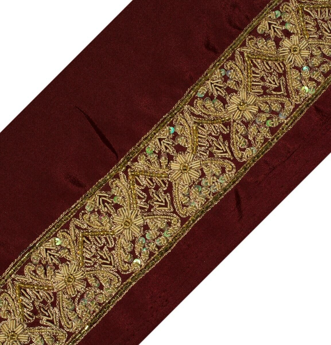 Vintage Sari Border Indian Craft Sewing Trim Hand Beaded Zardozi Maroon Lace