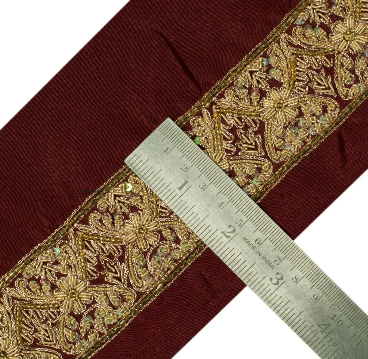 Vintage Sari Border Indian Craft Sewing Trim Hand Beaded Zardozi Maroon Lace