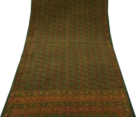 Vintage Scrap Saree 100% Pure Crepe Silk Printed Craft Green Remnant Fabric