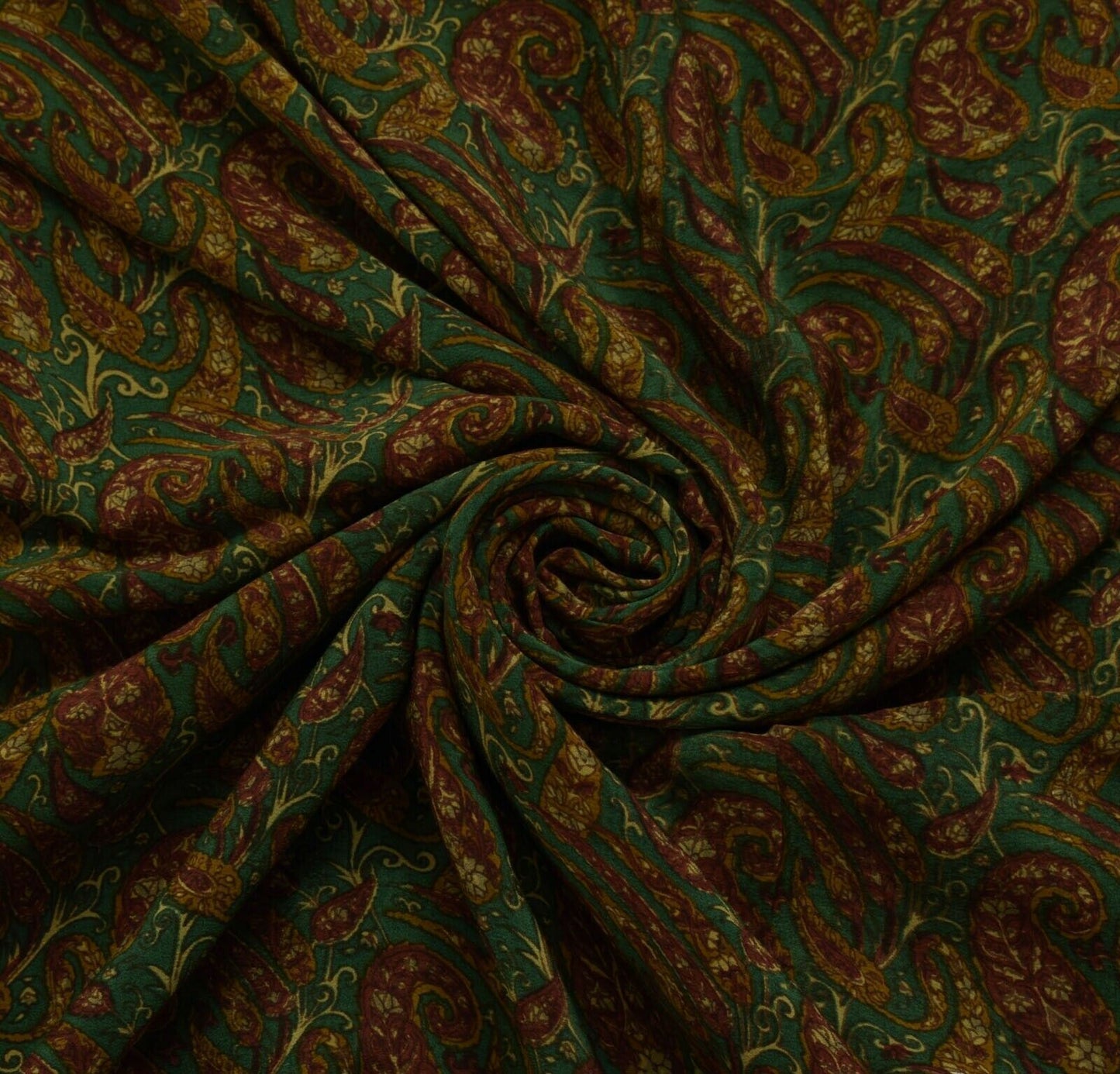 Vintage Scrap Saree 100% Pure Crepe Silk Printed Craft Green Remnant Fabric
