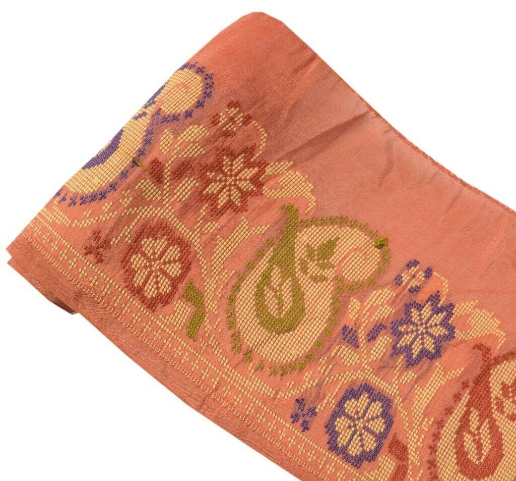 Vintage Sari Border Indian Craft Sewing Trim Woven Peach Pure Silk Lace