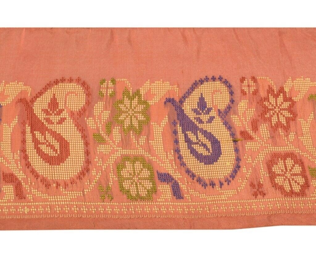 Vintage Sari Border Indian Craft Sewing Trim Woven Peach Pure Silk Lace