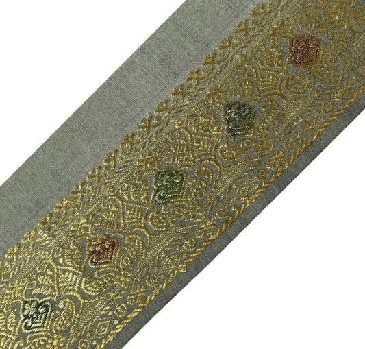 Vintage Sari Border Indian Craft Sewing Trim Zari Woven Gray golden Lace