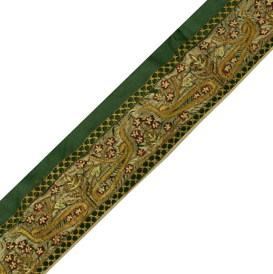 Antique Vintage Saree Border Indian Craft Trim Embroidered Green Ribbon Lace