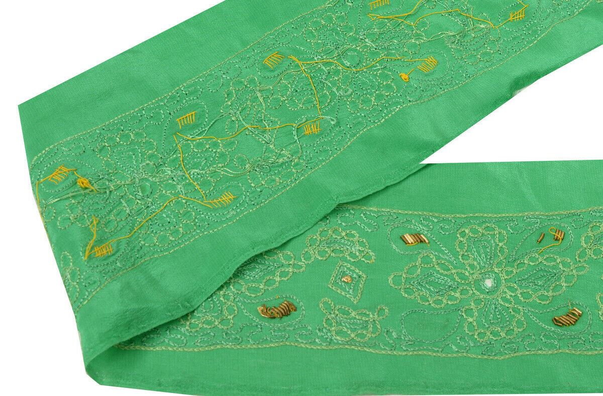 Antique Vintage Saree Border Indian Craft Trim Embroidered Green Ribbon Lace