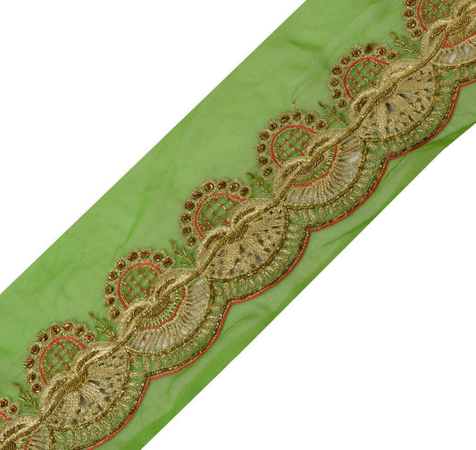 Antique Vtg Saree Border Indian Craft Trim Hand Beaded Embroidered Green Lace