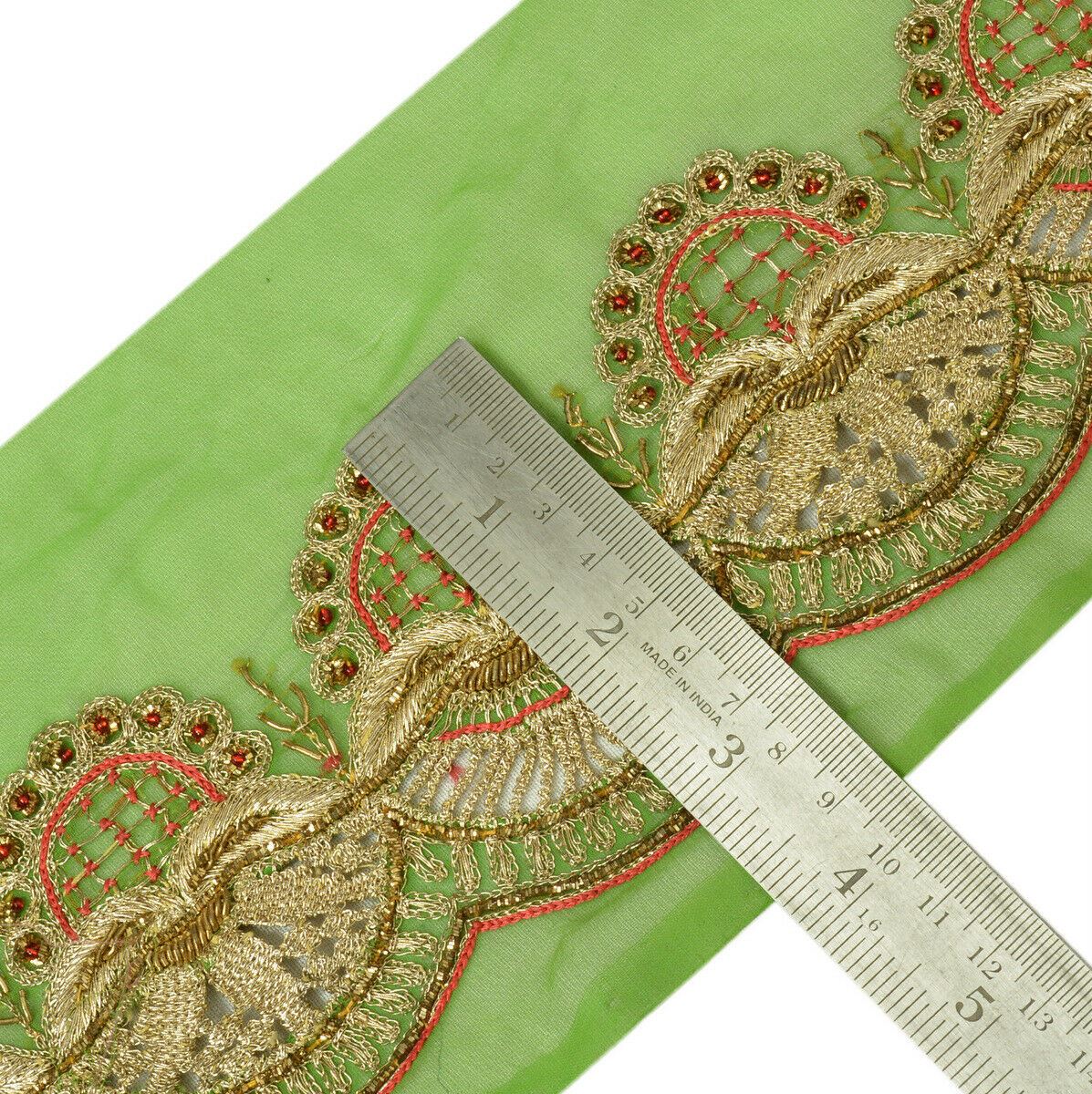 Antique Vtg Saree Border Indian Craft Trim Hand Beaded Embroidered Green Lace