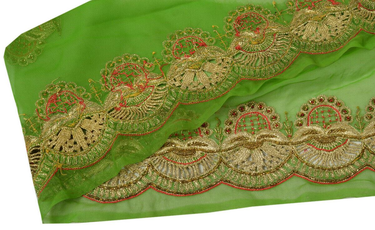 Antique Vtg Saree Border Indian Craft Trim Hand Beaded Embroidered Green Lace