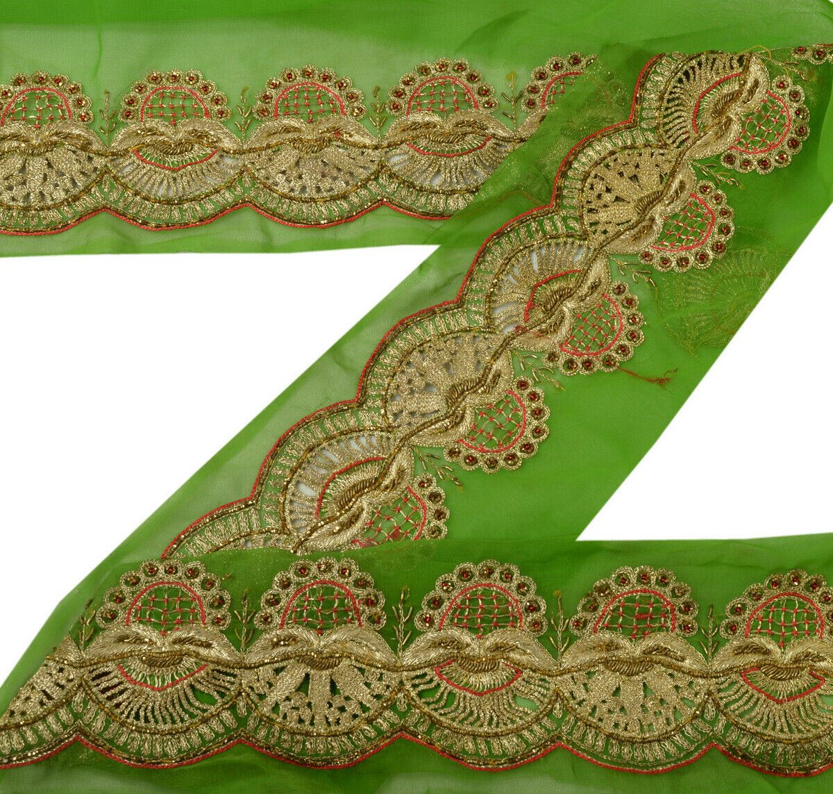 Antique Vtg Saree Border Indian Craft Trim Hand Beaded Embroidered Green Lace