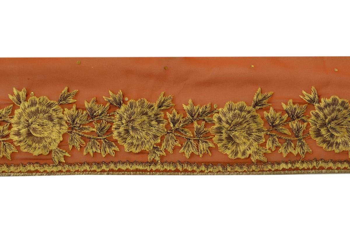 Vintage Sari Border Indian Craft Trim Embroidered Floral Rust Lace Ribbon