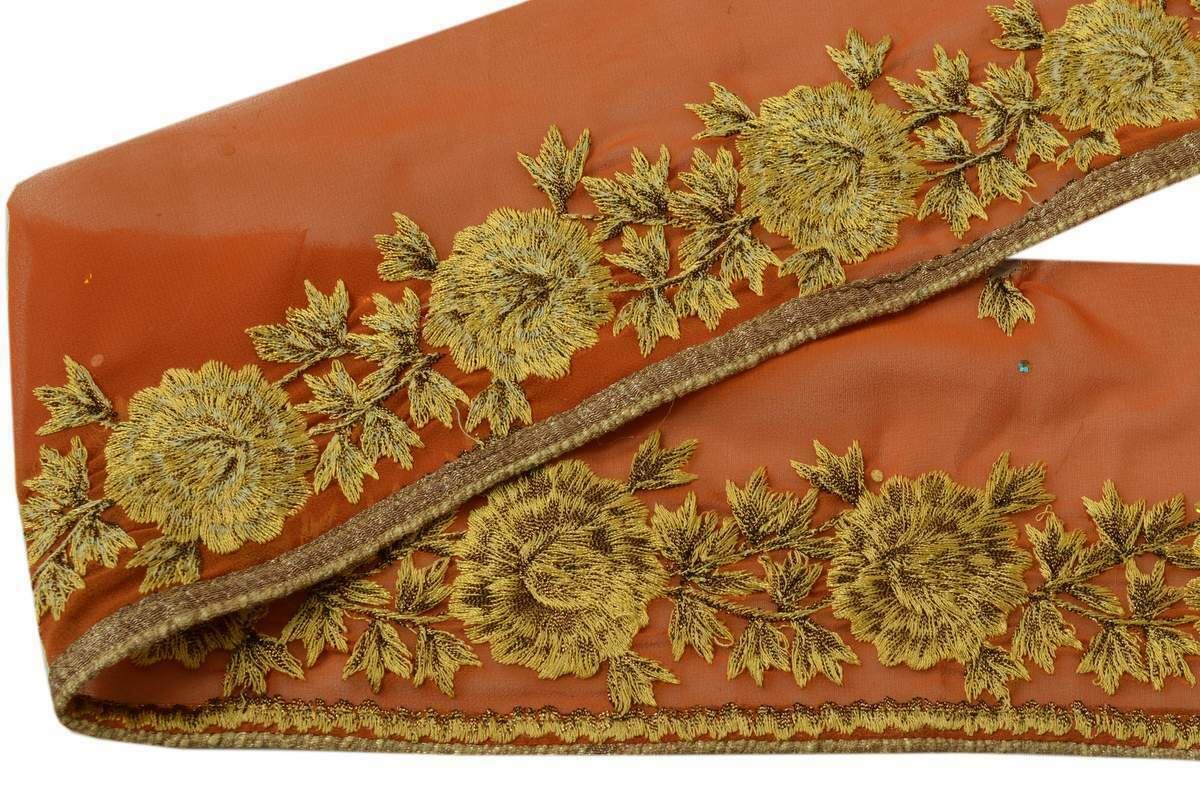 Vintage Sari Border Indian Craft Trim Embroidered Floral Rust Lace Ribbon