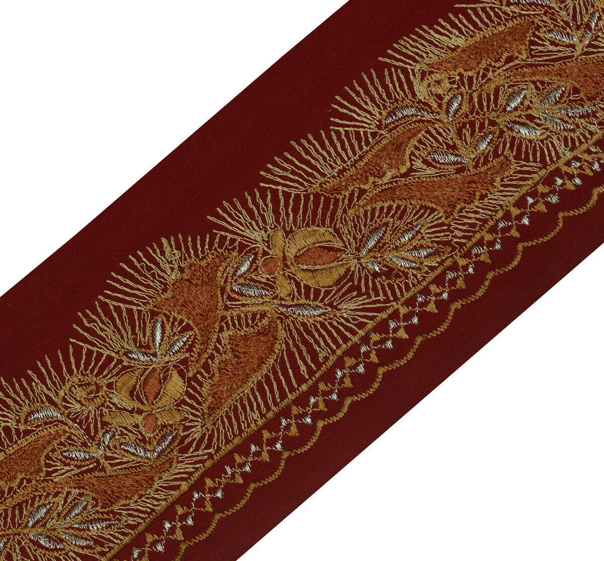 Antique Vintage Saree Border Indian Craft Trim Embroidered Floral Ribbon Maroon