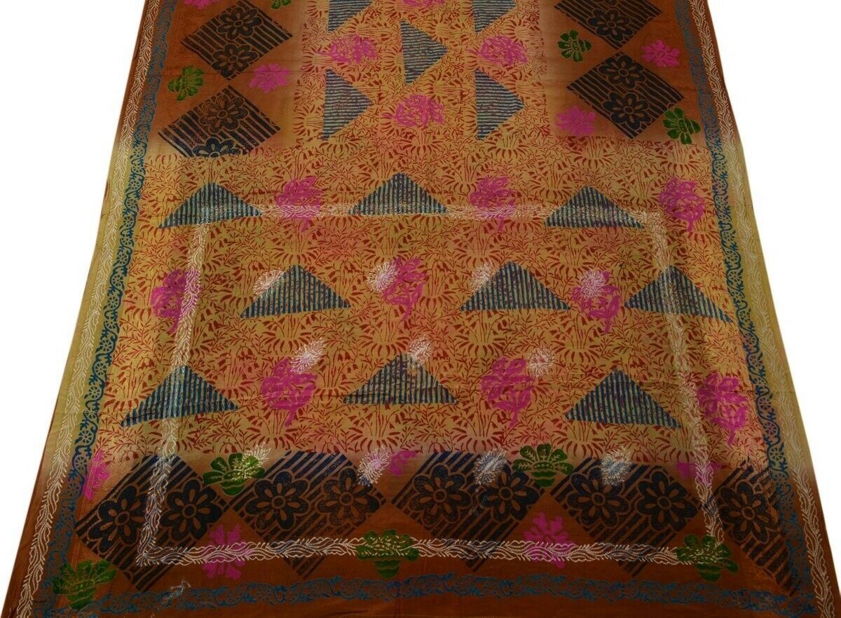 Vintage Indian Saree 100% Pure Crepe Silk Printed Soft Scrap Fabric for Craft