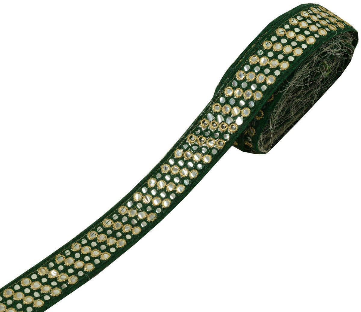Antique Vtg Saree Border Indian Craft Trim Embroidered Morror Work Green Ribbon